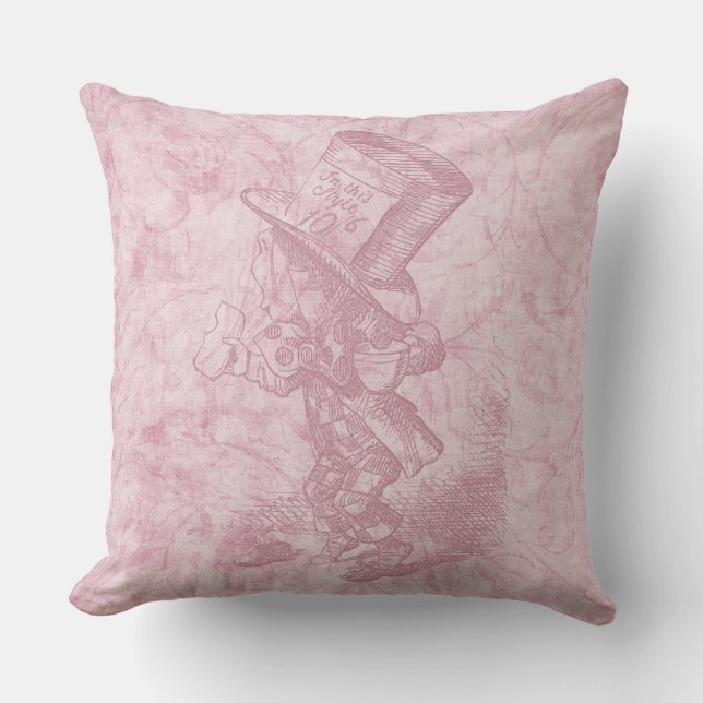 Alice in Wonderland Pink Floral Art Mad Hatter Throw Pillow (Front)