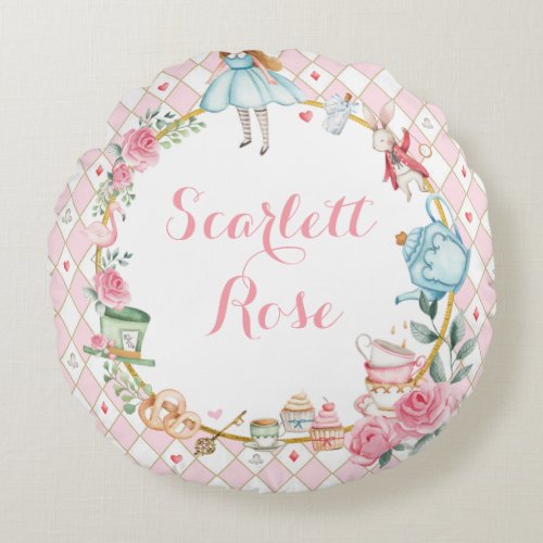 Alice in Wonderland Pink Floral Baby Girl Nursery Round Pillow