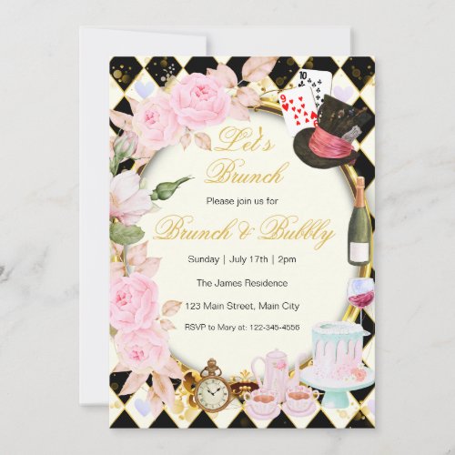 Alice In Wonderland Pink Floral Brunch Invitation