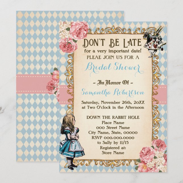 Alice in Wonderland Pink Flowers Bridal Shower Invitation (Front/Back)