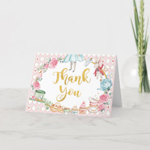 Alice in Wonderland Pink Gold Birthday Tea Party Letterpress Thank You Card