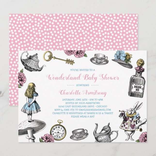Alice in Wonderland Polka Dot Baby Shower Invitation (Front/Back)