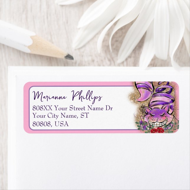 Alice in Wonderland Purple and Pink Cheshire Cat Label (Insitu)