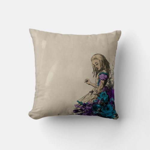 Alice in Wonderland Purple Floral Decoupage Throw Pillow