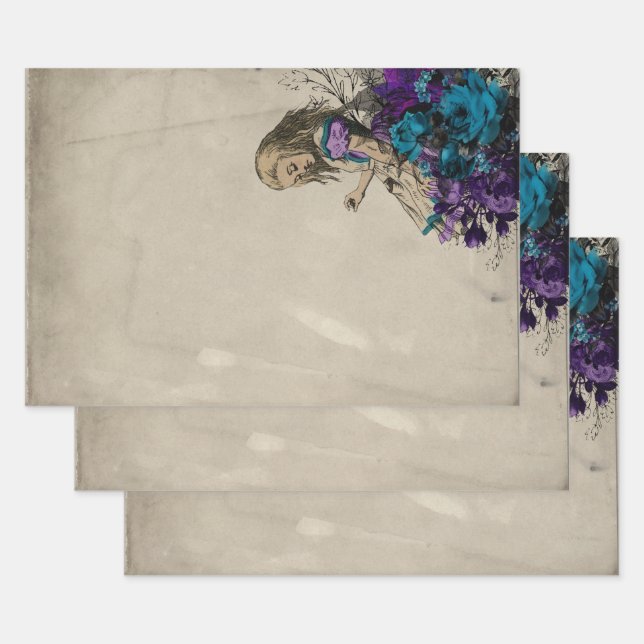 Alice in Wonderland Purple Floral Decoupage Wrapping Paper Sheets (Set)