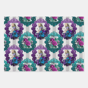 Alice in Wonderland Purple Green Frames Wrapping Paper Sheets