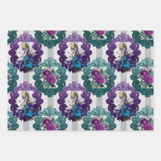 Alice in Wonderland Purple Green Frames Wrapping Paper Sheets (Front)