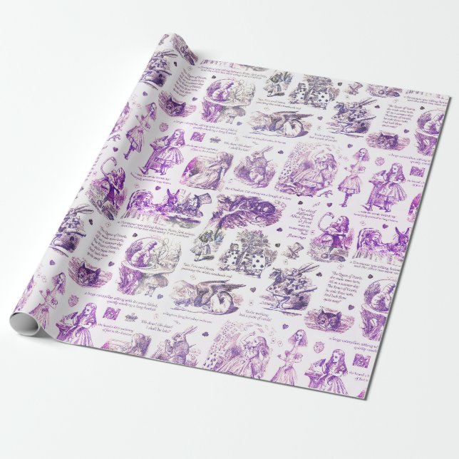 Alice in Wonderland Purple Toile Quotes Wrapping Paper (Unrolled)