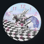 Alice in Wonderland Rabbit Herald Large Clock<br><div class="desc">Whimsical and trendy pretty Alice in Wonderland cute white rabbit herald fantasy art clock with pink numbers. Beautiful butterflies, clouds, checked black and white landscape, and the white rabbit herald with trumpet and pink hearts. A stylish, fun, modern, chic fantasy art fashionable fairytale, gift for women, teenage girls and children...</div>