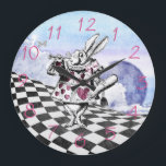 Alice in Wonderland Rabbit Herald Large Clock<br><div class="desc">Whimsical and trendy pretty Alice in Wonderland cute white rabbit herald fantasy art clock with pink numbers. Beautiful butterflies, clouds, checked black and white landscape, and the white rabbit herald with trumpet and pink hearts. A stylish, fun, modern, chic fantasy art fashionable fairytale, gift for women, teenage girls and children...</div>