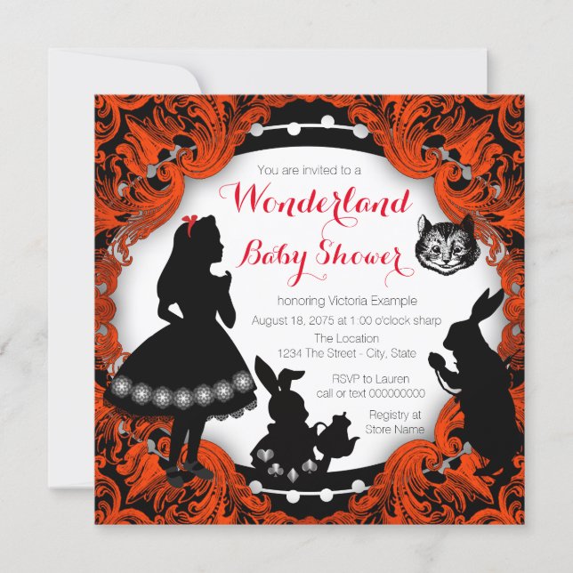 Alice in Wonderland Red and Black Baby Shower Invitation (Front)