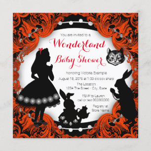 Alice in Wonderland Red and Black Baby Shower Invitation