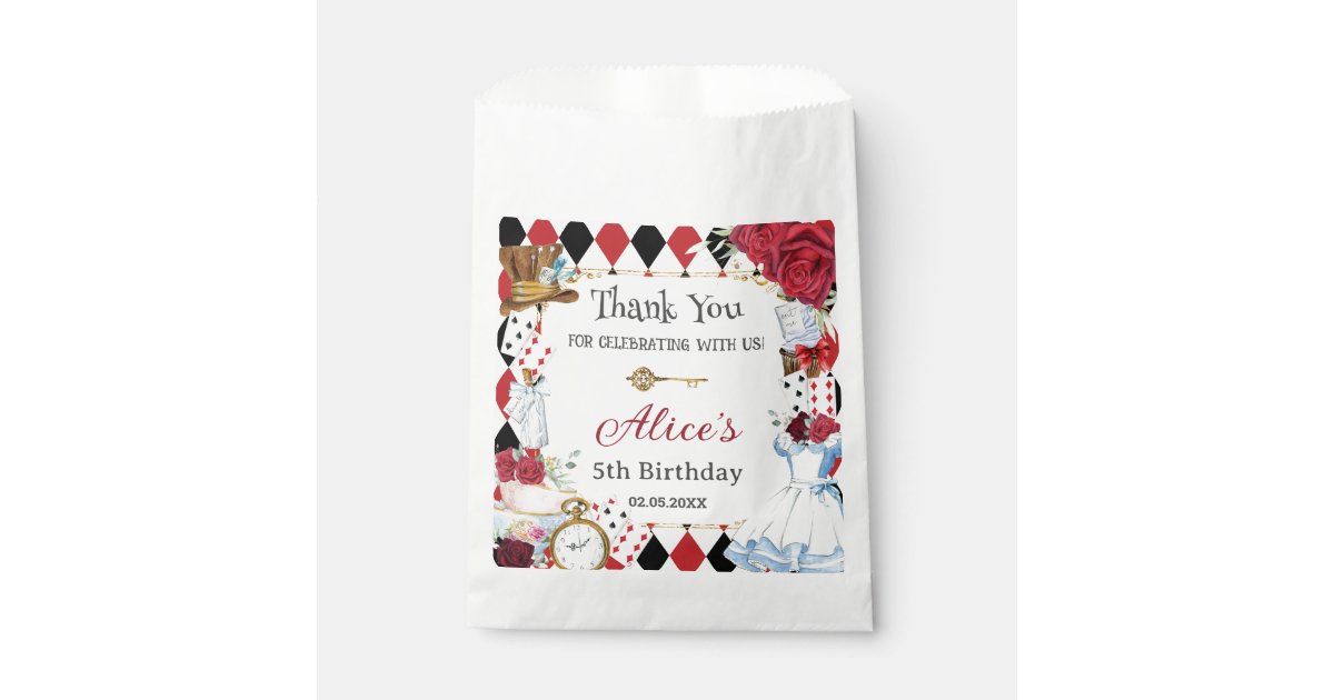Alice in Wonderland Red Floral Birthday Tea Party Favor Bag | Zazzle