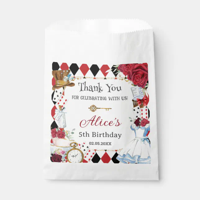 Alice in Wonderland Red Floral Birthday Tea Party Favor Bag | Zazzle