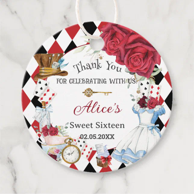 Alice in Wonderland Red Floral Birthday Tea Party Favor Tags | Zazzle