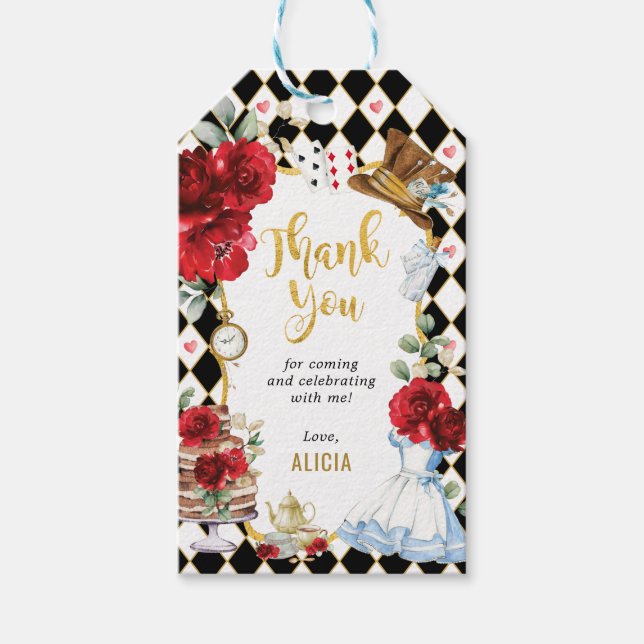 Alice in Wonderland Red Floral Birthday Tea Party Gift Tags (Front)