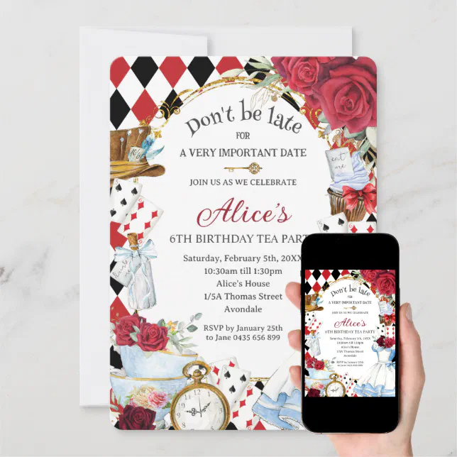 Alice in Wonderland Red Floral Birthday Tea Party Invitation | Zazzle