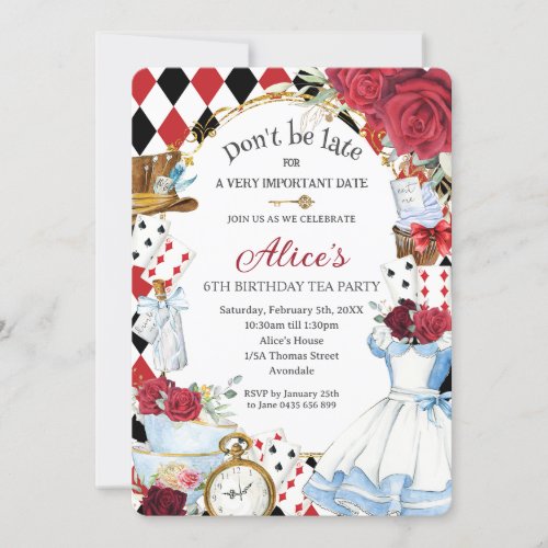 Alice in Wonderland Red Floral Birthday Tea Party Invitation