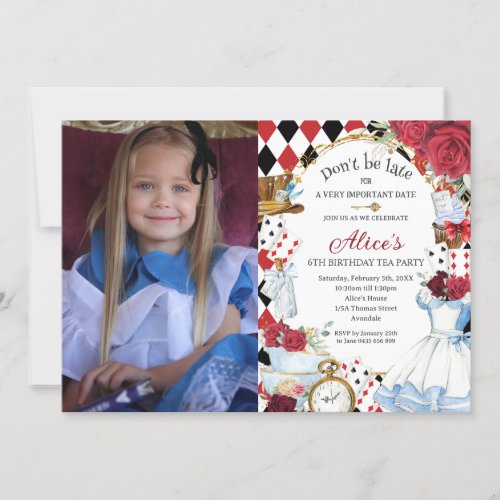 Alice in Wonderland Red Floral Birthday Tea Party  Invitation