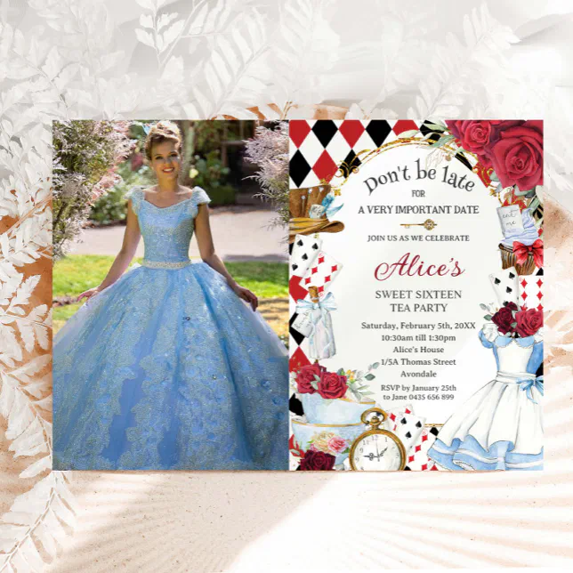 Alice in Wonderland Red Floral Birthday Tea Party Invitation | Zazzle