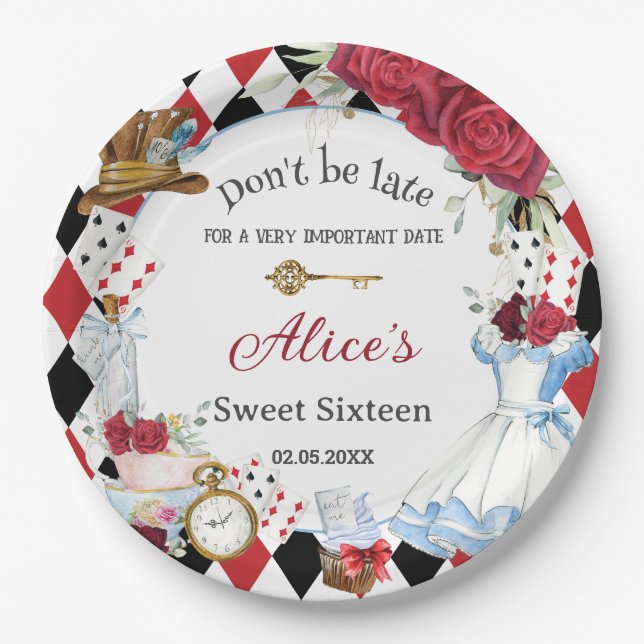 Alice in Wonderland Red Floral Birthday Tea Party  Paper Plates (Front)