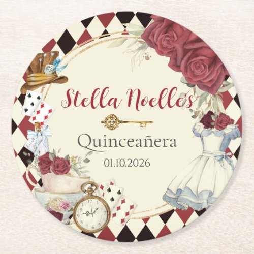 Alice in Wonderland Red Floral Birthday Tea Party Round Paper Coaster
