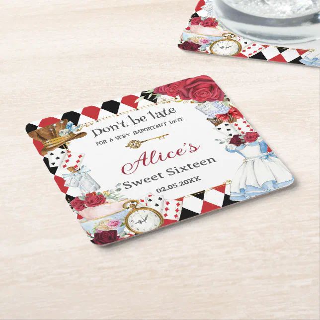Alice in Wonderland Red Floral Birthday Tea Party Square Paper Coaster ...