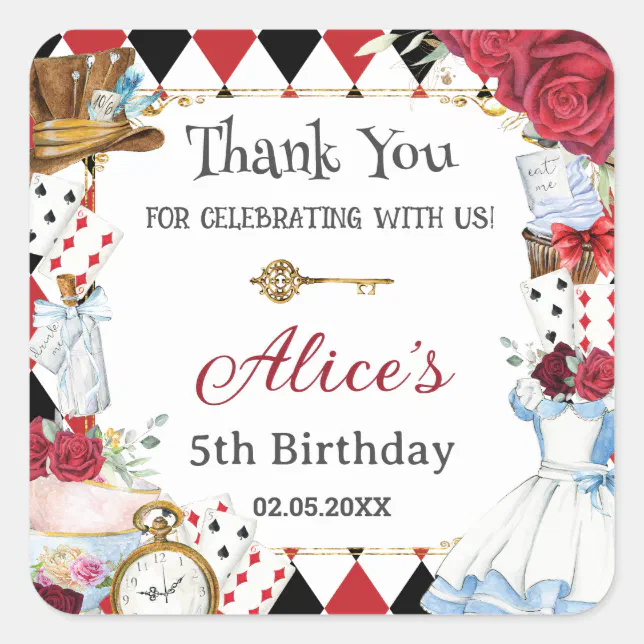 Alice in Wonderland Red Floral Birthday Tea Party Square Sticker | Zazzle