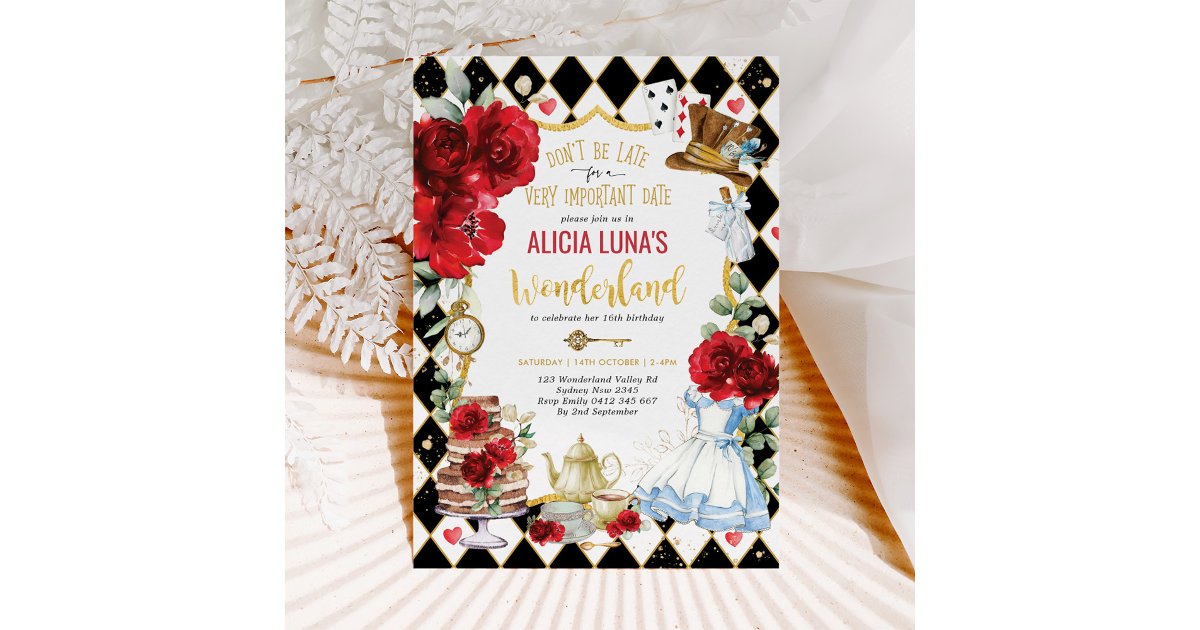 Alice in Wonderland Red Floral Mad Tea Birthday Invitation | Zazzle