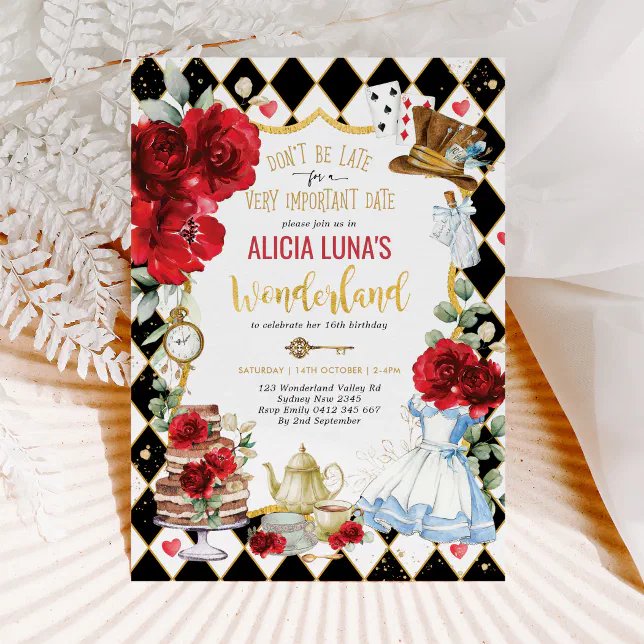 Alice in Wonderland Red Floral Mad Tea Birthday Invitation | Zazzle