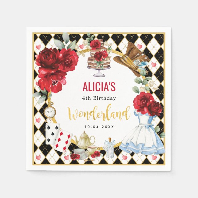 Alice in Wonderland Red Flower Girls Tea Party Napkins (Front)