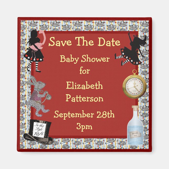Alice in Wonderland Red Save The Date Baby Shower Magnet (Front)