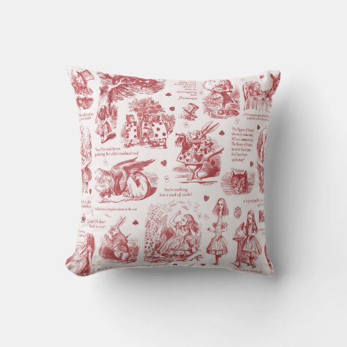 Alice in Wonderland Red Toile Quotes Throw Pillow