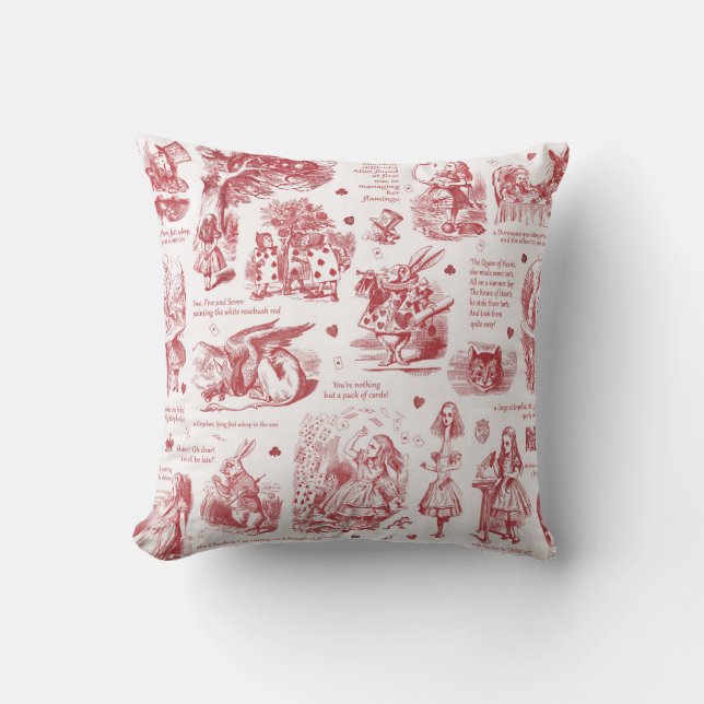 Alice in Wonderland Red Toile Quotes Throw Pillow (Front)