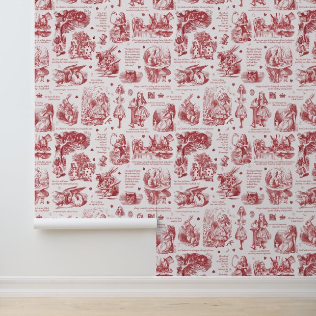 Alice in Wonderland Red White Toile Nursery Wallpaper (Application)