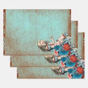 Alice in Wonderland Rusty Turquoise Floral Craft Wrapping Paper Sheets