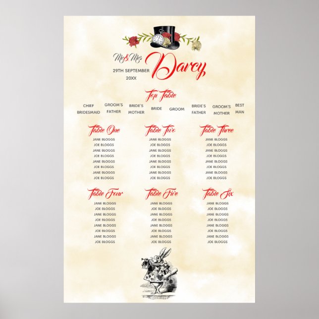 Alice in Wonderland Seating Chart with Top Table (Front)