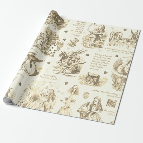 Alice in Wonderland Sepia Beige Toile Quotes Wrapping Paper