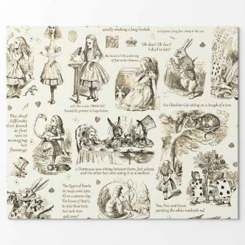 Alice in Wonderland Sepia Beige Toile Quotes Wrapping Paper