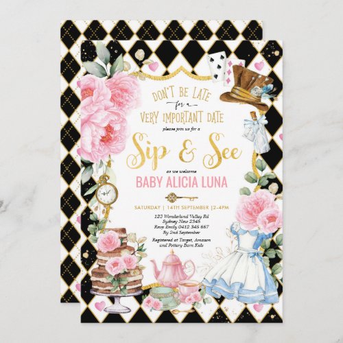 Alice in Wonderland Sip  See Tea Party Baby Girl Invitation