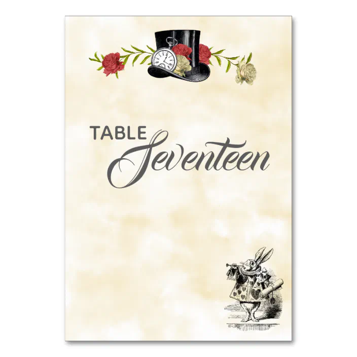 Alice in Wonderland Wedding Table Numbers White 1-15 Top Table Tent Fold 