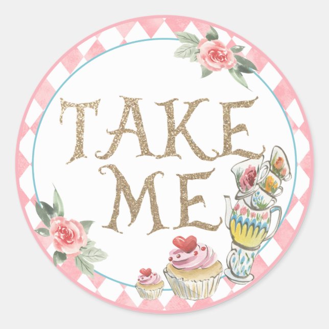 Alice in Wonderland Take Me Sticker Birthday Favor (Front)