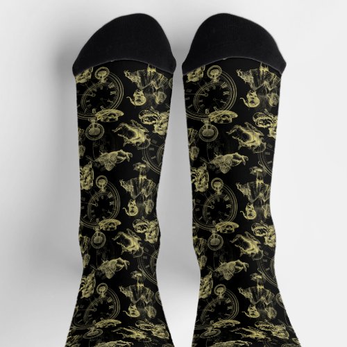 Alice in Wonderland Tea Black Gold Socks