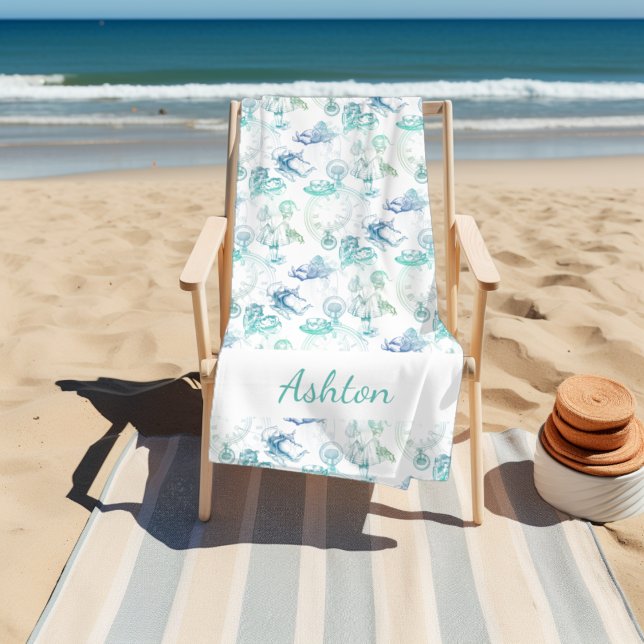 Alice in Wonderland Tea Blue Aqua Name Beach Towel (Creator Uploaded)