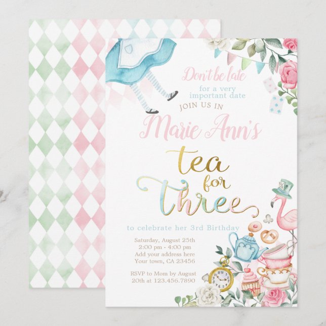 Alice in Wonderland, Tea for Three 3rd Birthday Invitation (Front/Back)