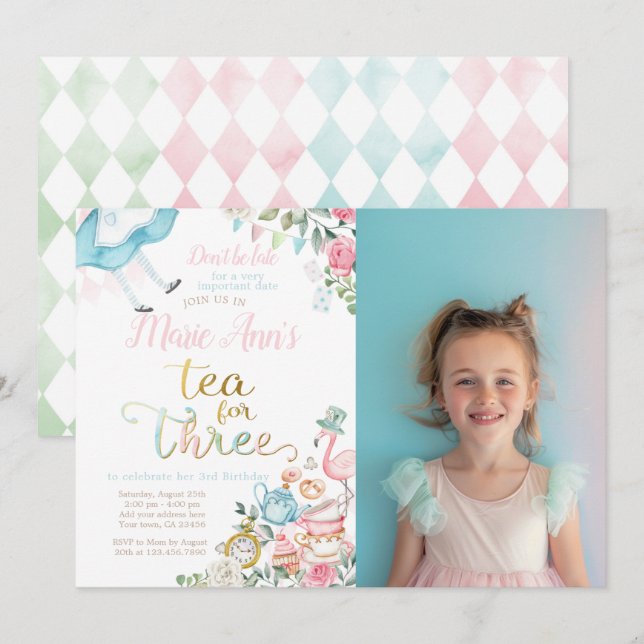 Alice in Wonderland, Tea for Three 3rd Birthday Invitation (Front/Back)