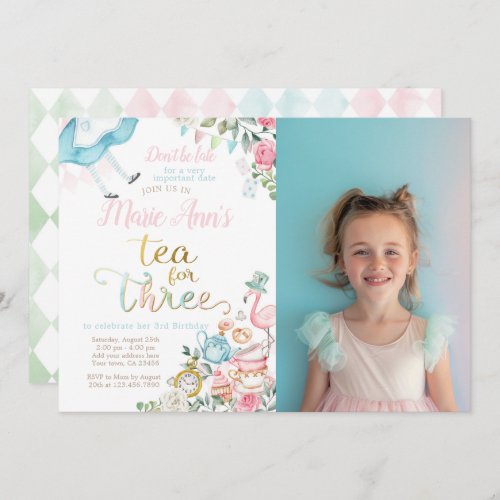 Alice in Wonderland Tea for Three 3rd Birthday Invitation