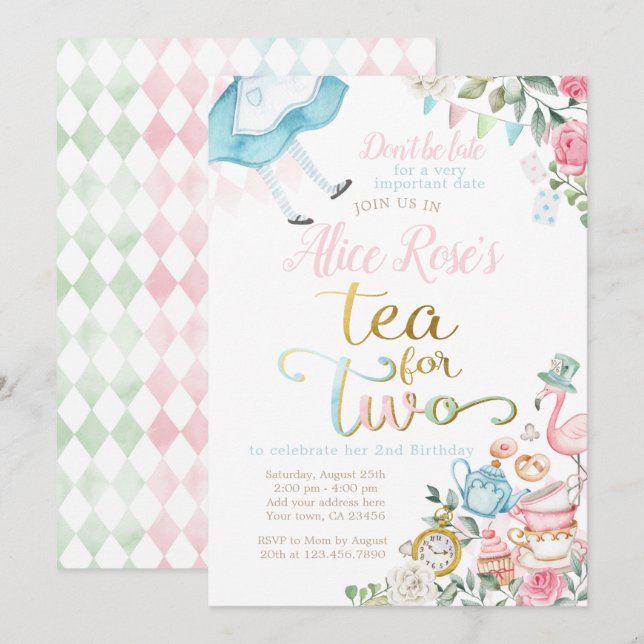Alice in Wonderland, Tea for Two 2nd Birthday Invitation (Front/Back)