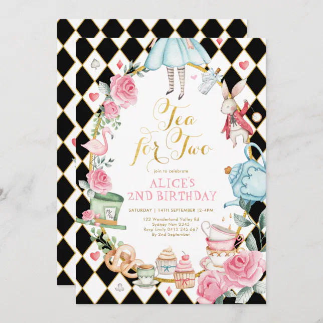 Alice In Wonderland Tea For Two 2nd Birthday Party Invitation 