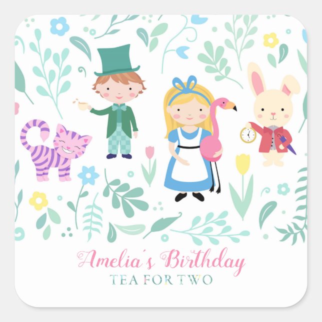 Alice in Wonderland Tea for Two Second Birthday Square Sticker (Front)